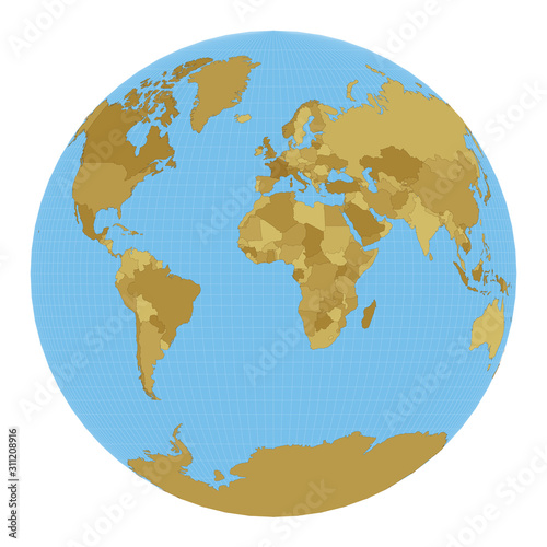 World Map. Gilbert's two-world perspective projection. Map of the world with meridians on blue background. Vector illustration.