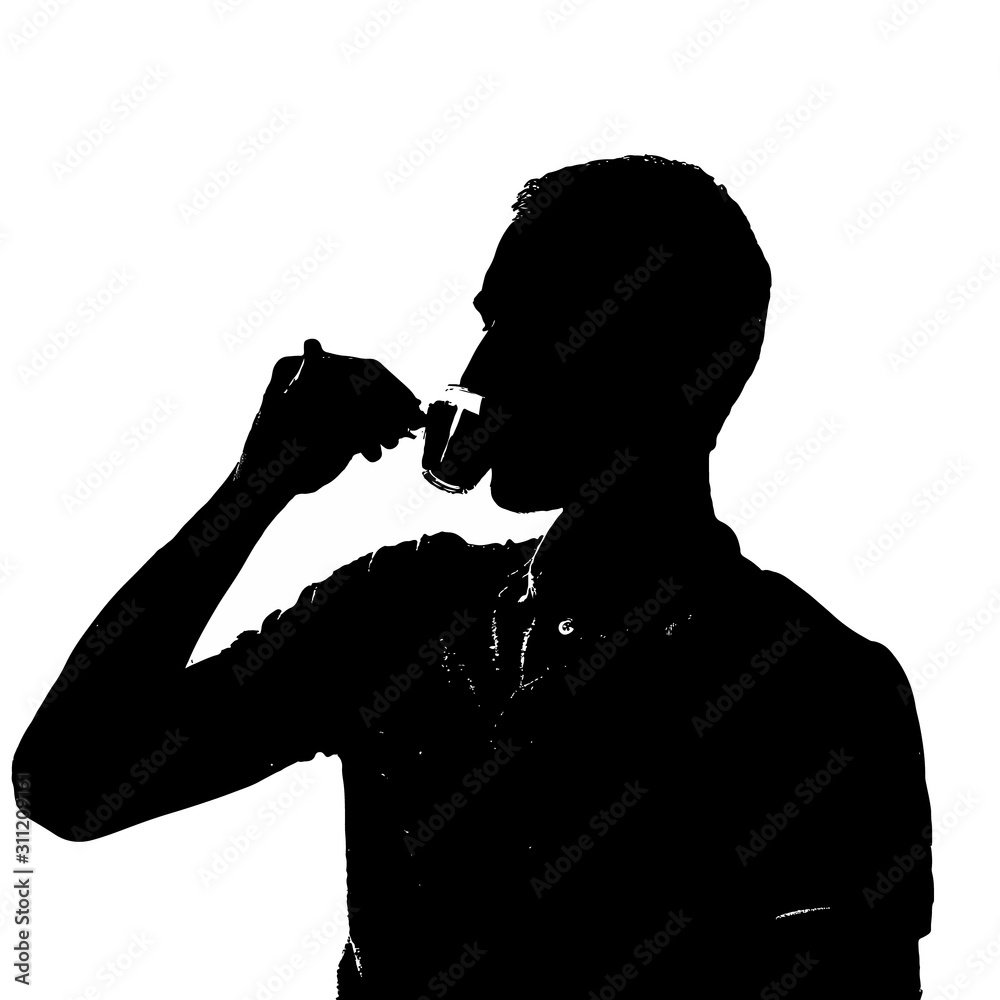 Vector silhouette of realistic young man drinking coffee. Male holding small cup in hand. Side view. Illustration on white background.