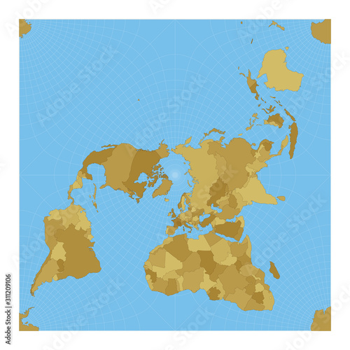 World Map. Peirce quincuncial projection. Map of the world with meridians on blue background. Vector illustration.