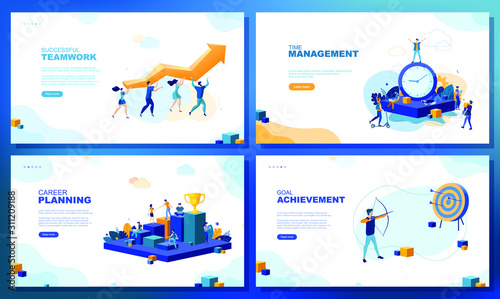 Trendy flat illustration. Set of web page concepts. Successful teamwork. Time mamagement. Career planning. Goal achievement. Template for your design works. Vector graphics.