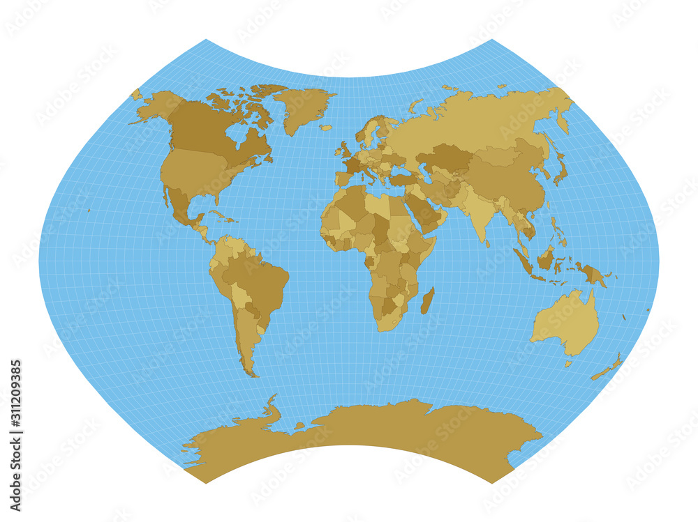 World Map. Ginzburg IX projection. Map of the world with meridians on blue background. Vector illustration.