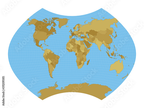 World Map. Ginzburg IX projection. Map of the world with meridians on blue background. Vector illustration.