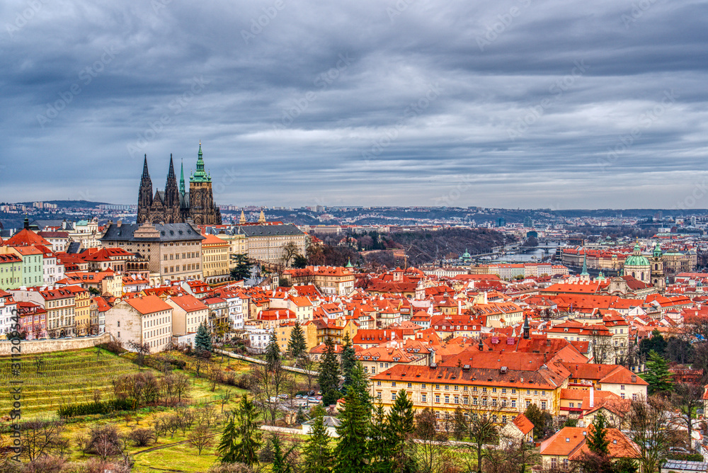 Mala Strana with cathedral and castle in prague with beautiful sky