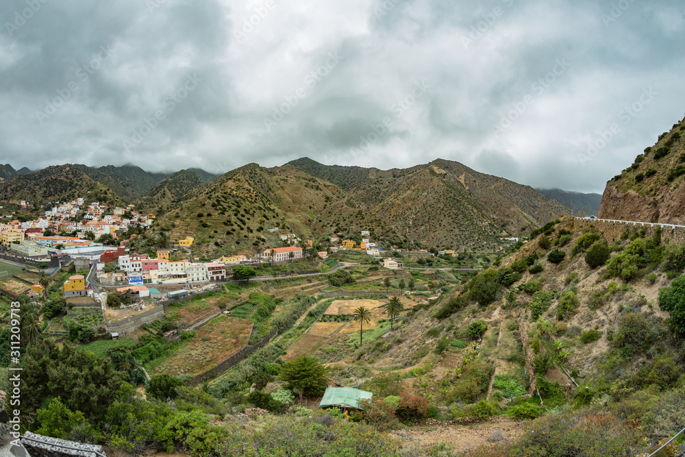 Vallehermoso view point. Amazing view of one of the most beautiful valleys of the island. A small municipal center surrounded by agricultural plantations. La Gomera, Canary Islands