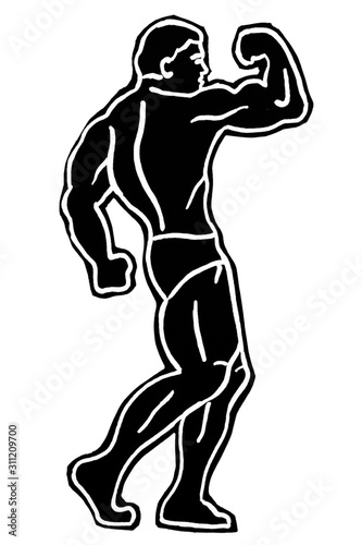 Bodybuilder silhouette side view posing with white outline defining his muscles © UKill