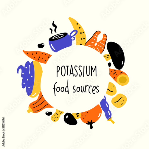 Potassium food sources. Vector cartoon illustration of potassium rich foods.