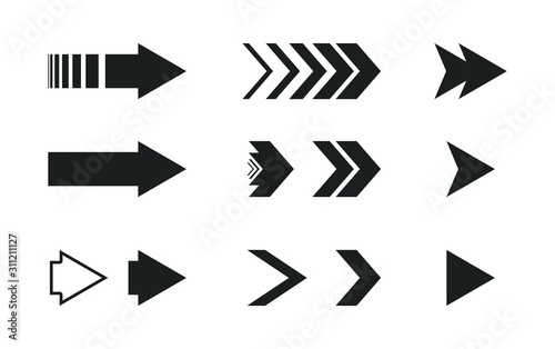 Arrows vector icons set. Flat different black arrows illustration isolated on white background. Interface elements for web or app design. Forward, Next, Play, Fast pictogram for navigation buttons. photo