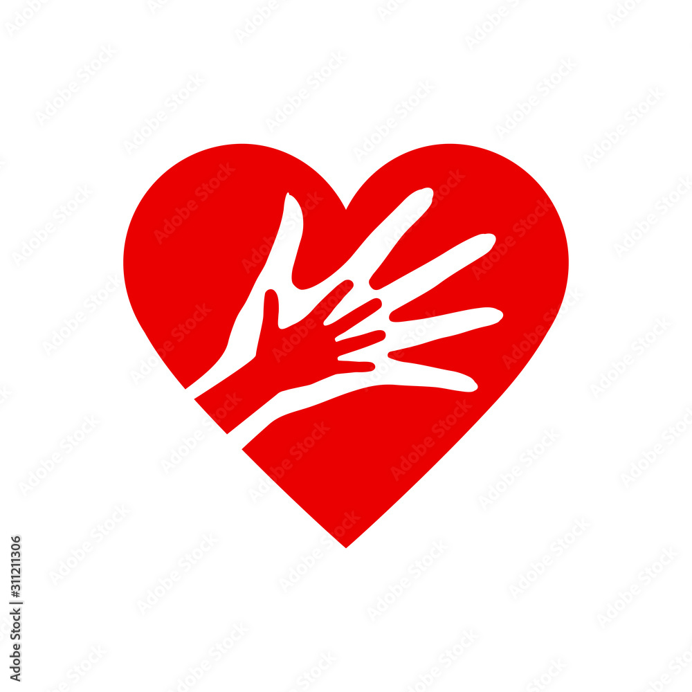 Obraz premium Two Hands in the Heart Icon as Orphan Children Adoption Metaphor. Great an Illustration or Logo for Child Adoption or Medical or Kids Health Care Charity Agency on White