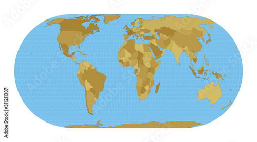 World Map. Herbert Hufnage's pseudocylindrical equal-area projection. Map of the world with meridians on blue background. Vector illustration.