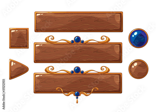 Cartoon vector title wood banners set for fantasy game design.