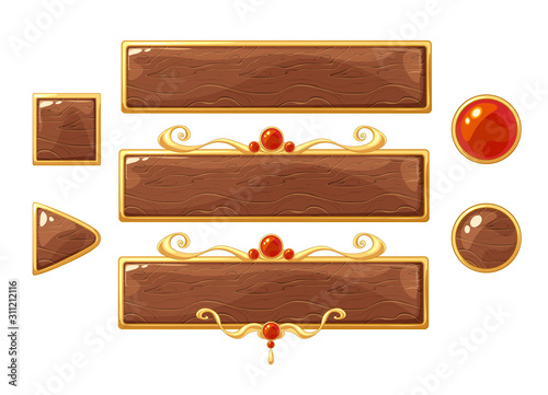 Cartoon vector title wood banners set for fantasy game design.