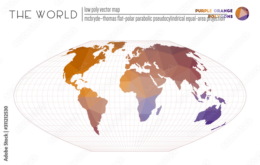 Abstract geometric world map. McBryde-Thomas flat-polar parabolic pseudocylindrical equal-area projection of the world. Purple and orange colored polygons. Beautiful vector illustration. Abstract geometric world map. McBryde-Thomas flat-polar parabolic pseudocylindrical equal-area projection of the world. Purple and orange colored polygons. Beautiful vector illustration.