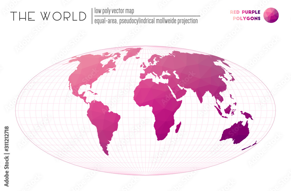 World map in polygonal style. Equal-area, pseudocylindrical Mollweide projection of the world. Red-purple colored polygons. Amazing vector illustration. World map in polygonal style. Equal-area, pseudocylindrical Mollweide projection of the world. Red-purple colored polygons. Amazing vector illustration.