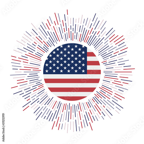 USA sign. Country flag with colorful rays. Radiant sunburst with USA flag. Vector illustration.