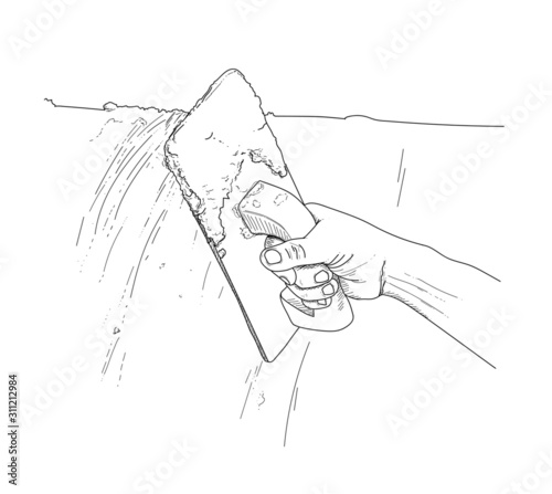 hand of builder worker use trowel plastering concrete at wall hand drawing illustration