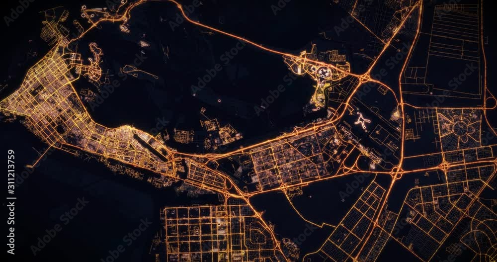 Aerial night view of city of Abu Dhabi, UAE. Traffic and street light glowing. Camera flying high above, moving closer and rotating from space filming cinematic straight down. 3d animation rendering.