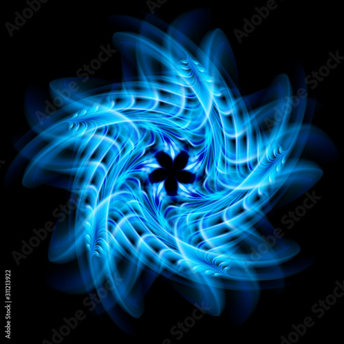 Abstract Image of Blazing Hot Blue Fire Swirl and Plasma Effects. Movement Soft Fire Flame. Beauty Texture of Amazing Magic Fire Light Effect Isolated on Black Backdrop