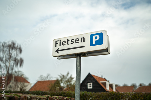 Picture of navigation signs for parking place for bycicles in the netherlands