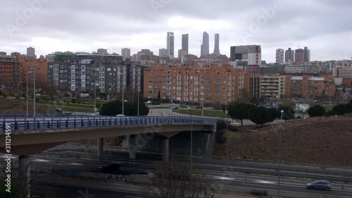 View of Sanchinarro neighbourhood looking towards the Cuatro Torres Business district in Madrid, Spain photo