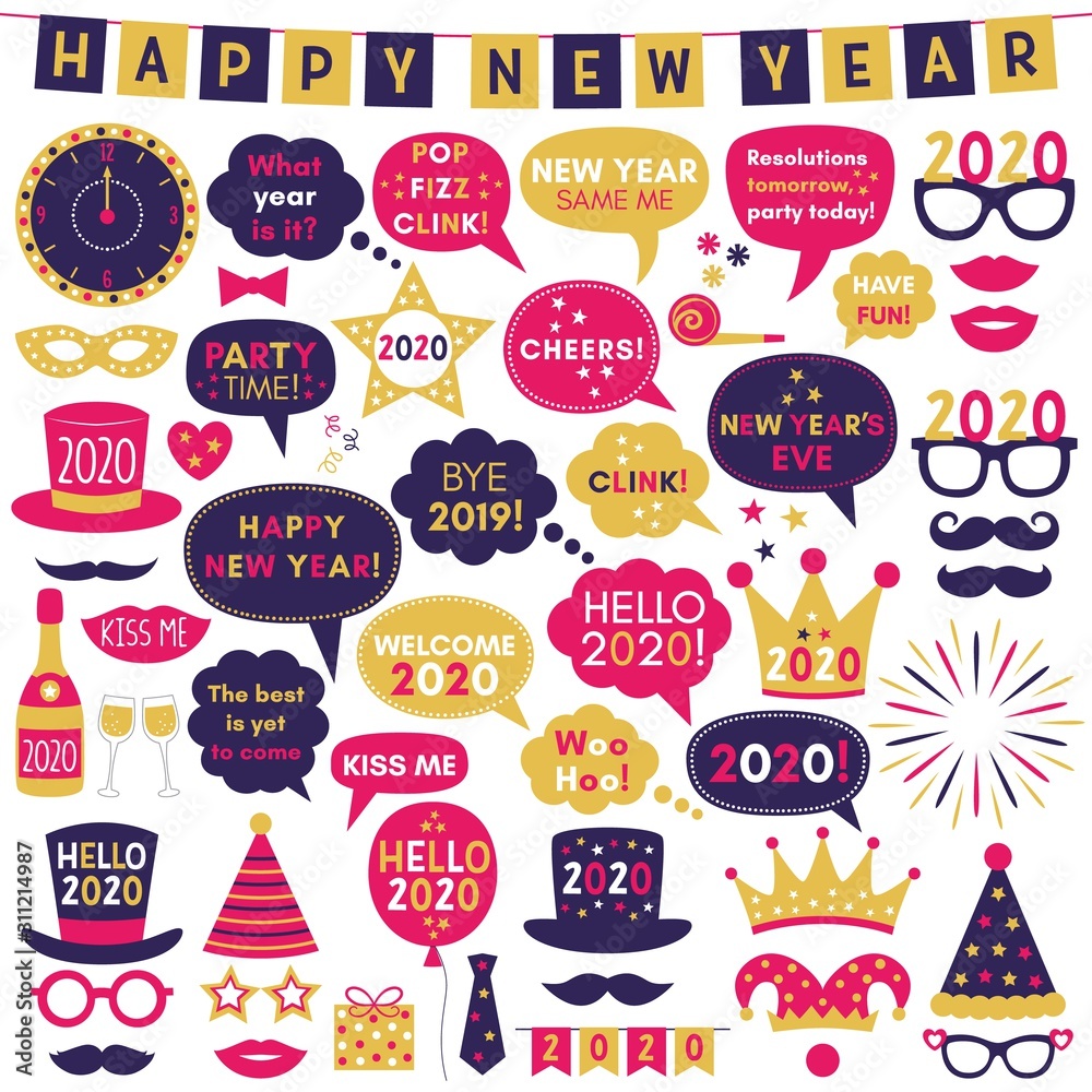 Happy New Year 2020 photo booth props, vector party signs and decoration set 