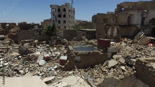 the ruins of houses that destroyed by fierce fighting between al-Houthi militia and the national army in Taiz City,Yemen