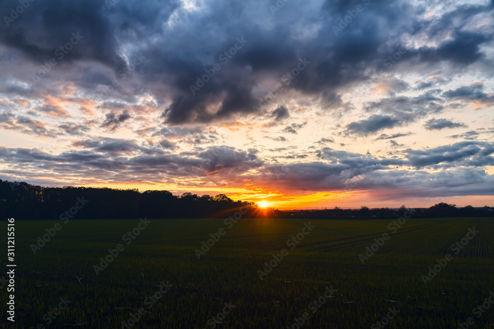 beautiful sunset over a meadow with dramatic sky