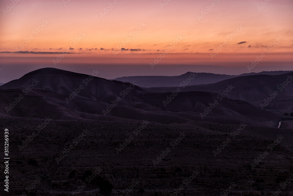 mountains in mar saba at sunrise