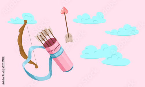 Cupid quiver and arrows against the sky. Bow and arrow of love. Print for Valentine Day