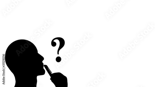 Animation of a silhouette of the head of a thinking person and a question mark on a white background