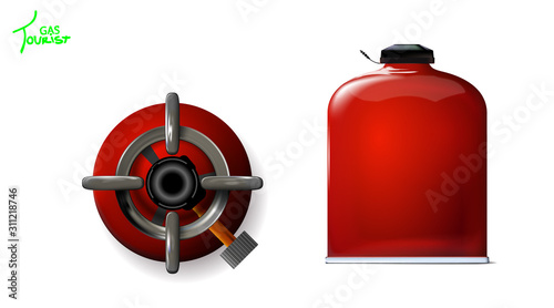 Set Tourist red gas bottles for Mobile kitchen. Portable 3d realistic mockup. With burner and without. Isolation on white background. Vector illustration design picnic, fishing, hunting.