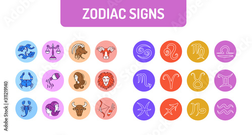 Zodiac signs color line icons set. Astrology. Horoscope. All zodiac signs and elements. Predictions and human character. UI UX GUI design element. Editable stroke.