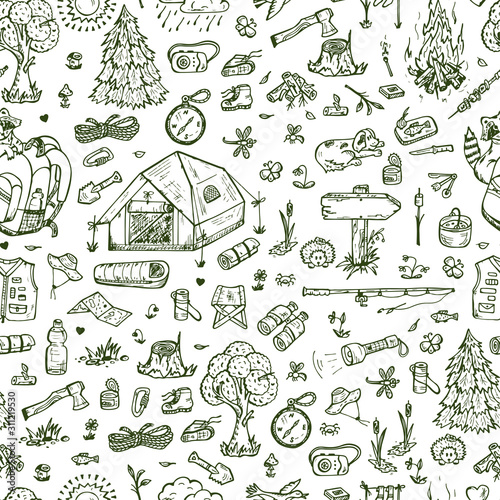 Tourism and camping Seamless pattern. Hand drawn doodle Camping Elements