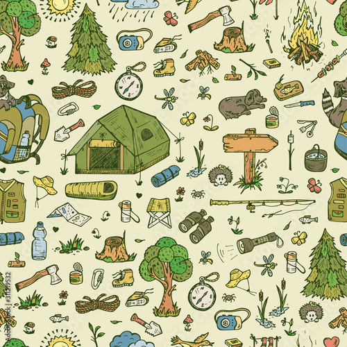 Tourism and camping Seamless pattern. Hand drawn doodle Camping Elements