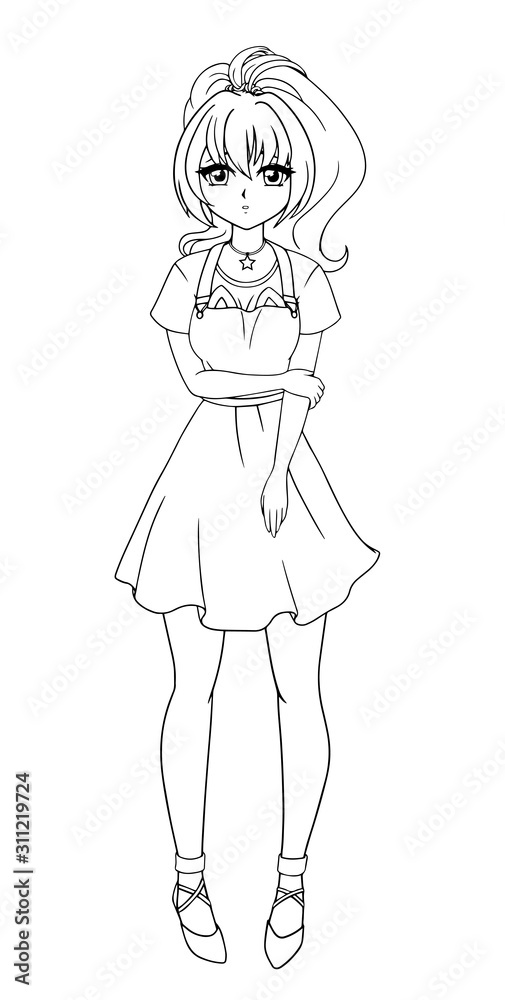 Hand drawn vector illustration. Kawaii anime girl. Big eyes. Vector illustration. Can be used for children's coloring book, tattoo, cards.