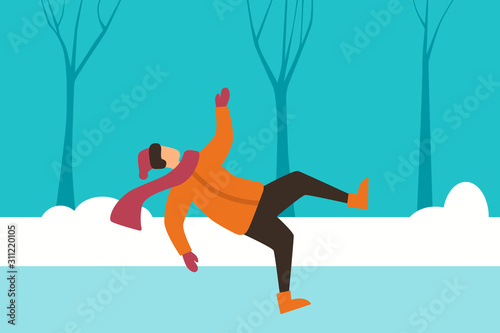 The man slipped on the street and falls. Winter accident. Flat design. Vector illustration