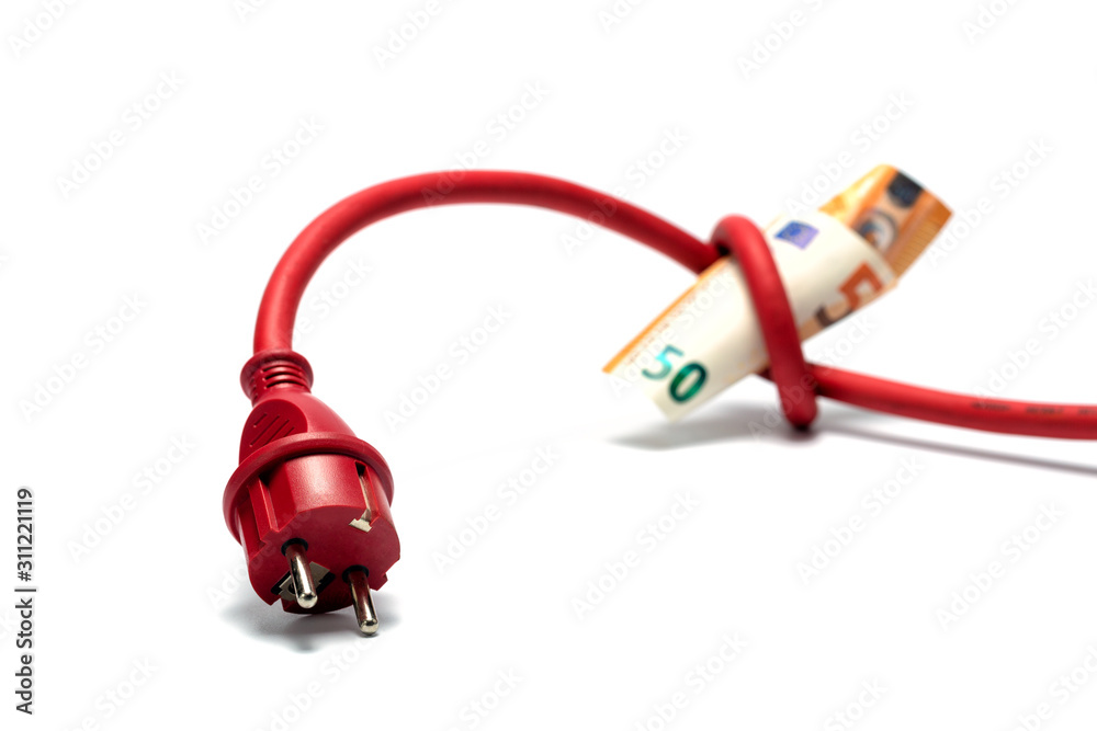 Red electric cable with plug tied to a knot on a roll of euro banknotes isolated on white. Cost of electricity and expensive energy concepts. Red electric cable with plug tied to a knot on a roll of euro banknotes isolated on white. Cost of electricity and expensive energy concepts.