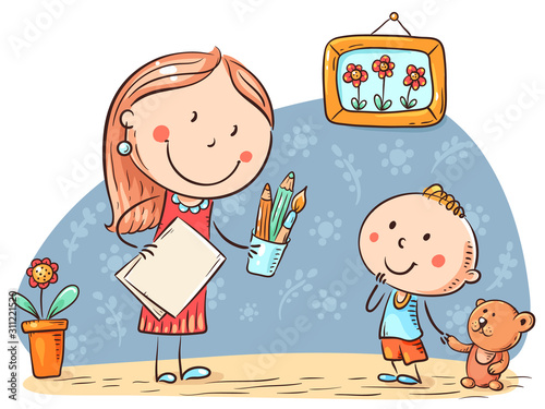 Teacher or mother encouraging the kid to draw, vector illustration.