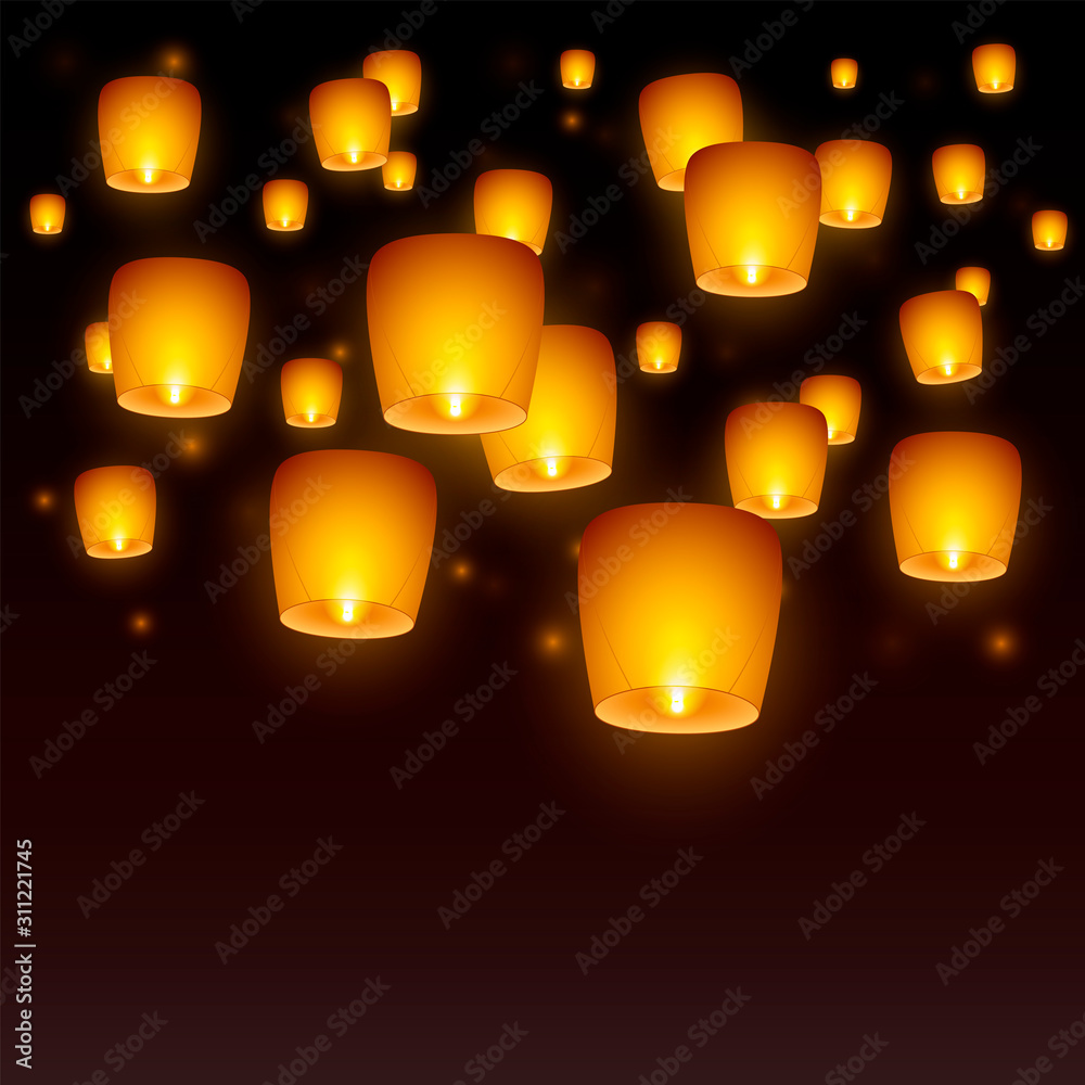 Flying paper sky lanterns with flame at night sky. Traditional design  elements. Vector illustration. Stock Vector | Adobe Stock