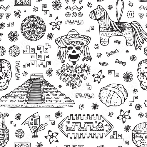 Mexico Vector Seamless pattern. Mexican items - Hand drawn doodle Mexican sights, cultural artifacts, Day of the Dead Attributes, patterns