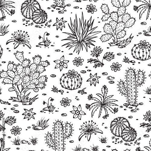 Mexican plants Vector Seamless pattern. Nature of Mexico. Hand drawn doodle Plants, Cactus