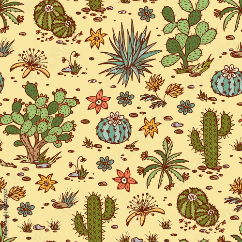 Mexican plants Vector Seamless pattern. Nature of Mexico. Hand drawn doodle Plants, Cactus