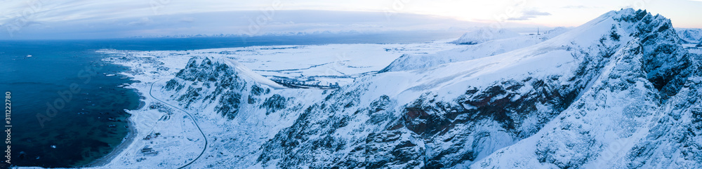 Aerial drone panorama mountains and coastline close to Andenes, Andøya Norway Aerial drone panorama mountains and coastline close to Andenes, Andøya Norway