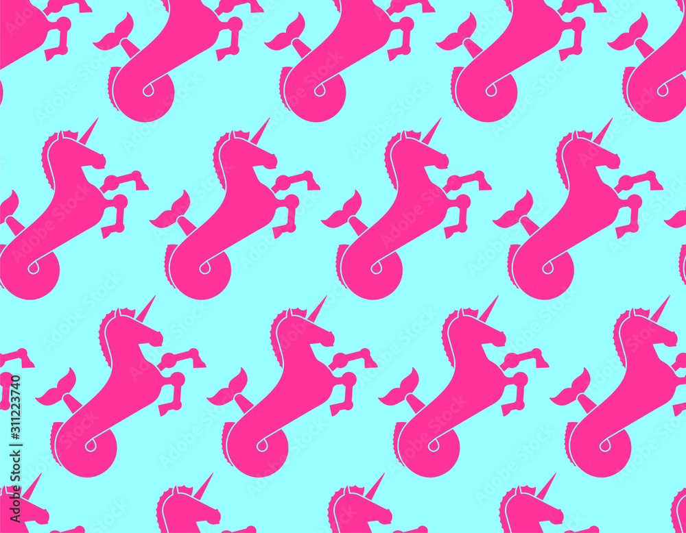 Water unicorn Hippocampus pattern seamless. Mythical animal background . Heraldic beast texture. Sea horse with fishtail ornament Water unicorn Hippocampus pattern seamless. Mythical animal background . Heraldic beast texture. Sea horse with fishtail ornament