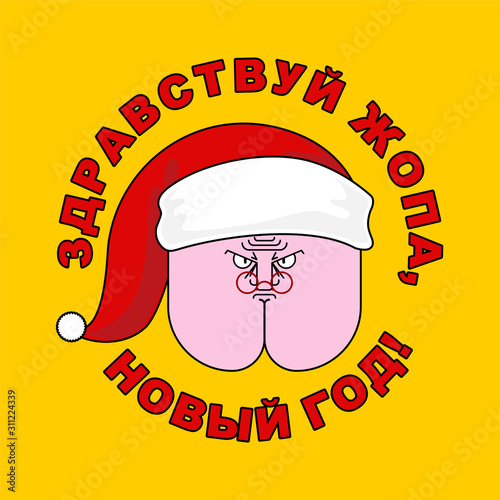 Christmas Poster Russian text - Hello ass, new year! Funny Ass in santa hat. Xmas buttocks Vector illustration