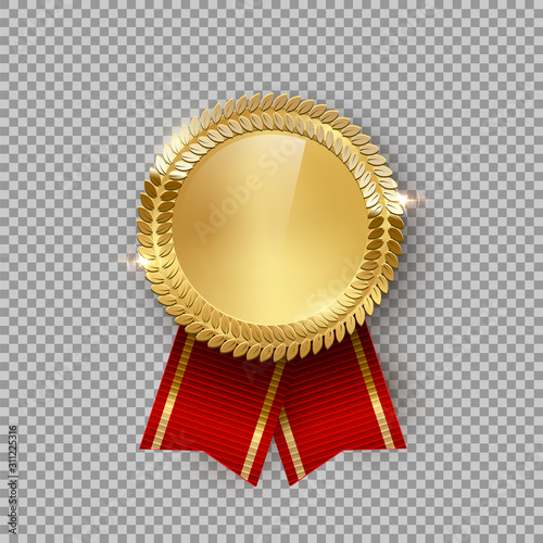 Award medal 3d realistic vector color illustration. Reward. Golden medal with red ribbon. Certified product. Quality badge, emblem on transparent background. Winner trophy. Isolated design element. photo
