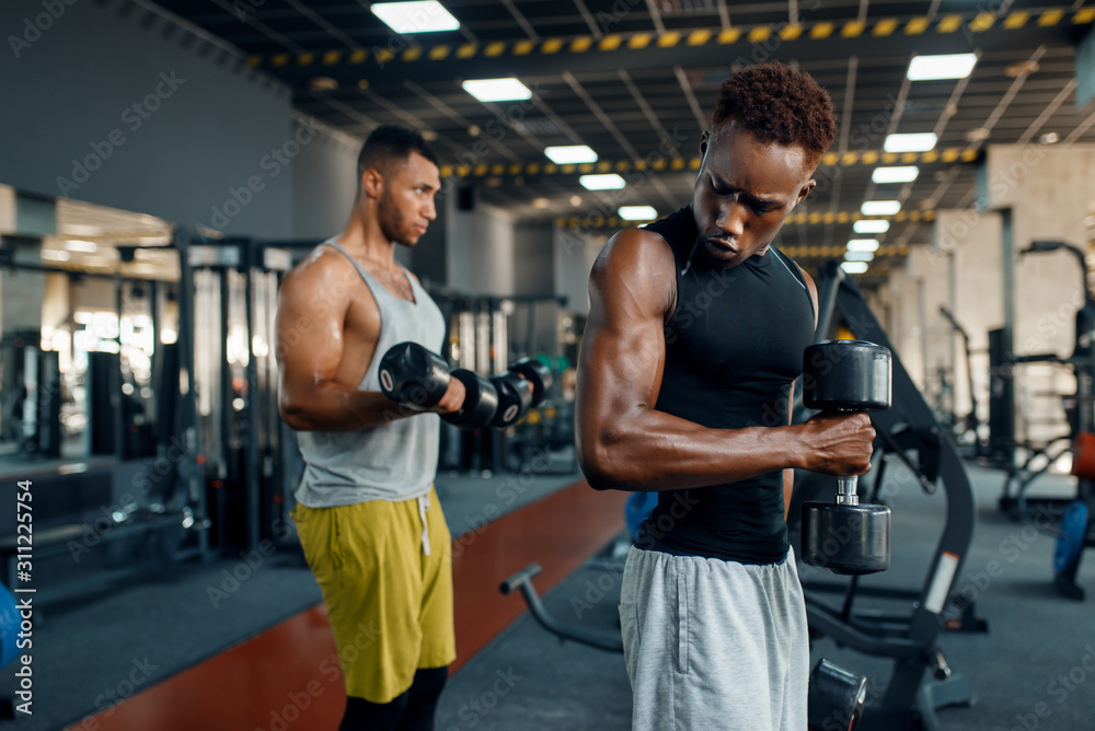 Two athletes doing exercise with dumbbell in gym Two athletes doing exercise with dumbbell in gym