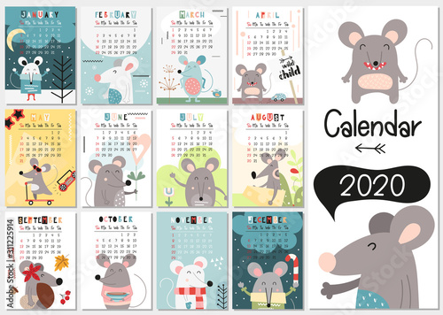 Cute Mouse Calendar 2020. Yearly Planner Calender with all Months. Templates with hand drawn mice. Vector illustration. Great for kids, nursery, poster and printable.