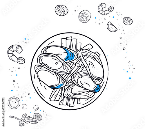 Sea mussel, asparagus, shrimps hand draw food plate