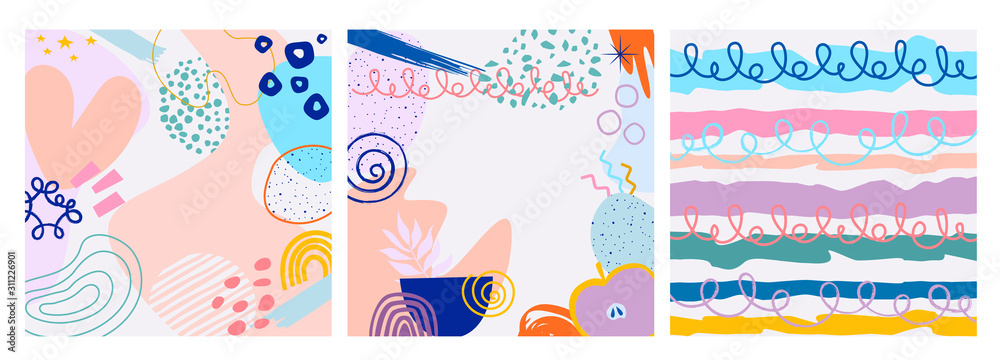 Set of square abstract hand drawn various background for mobile app, social media content. Minimalist modern trendy vector illustration. Editable vector illustration. Set of square abstract hand drawn various background for mobile app, social media content. Minimalist modern trendy vector illustration. Editable vector illustration.