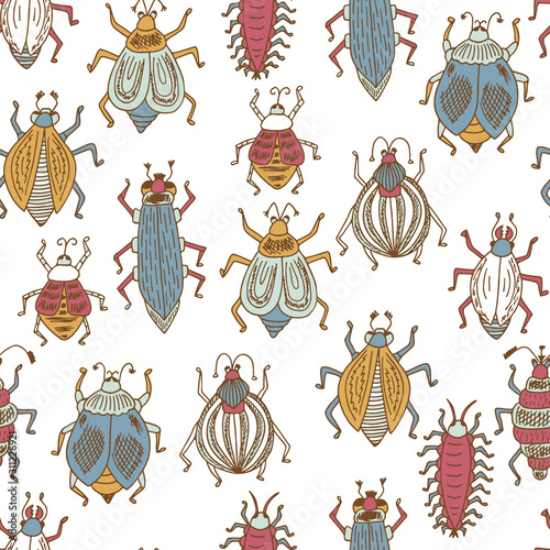 Funny Colorful insects. Vector Seamless pattern of doodle Cartoon Bugs on a white background